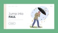 Fall Landing Page Template. Man Holding Umbrella Protect from Wind and Falling Leaves. Male Character Fighting with Wind Royalty Free Stock Photo