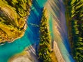 Fall landscape. A drone view of the river in the woods. An aerial view of an autumn forest. Royalty Free Stock Photo