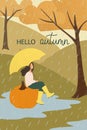 Fall landscape. Girl sitting on pumpkin under umbrella. Rainy autumn