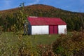 Fall landscape with old red and white old wooden barn set against the Laurentian mountains Royalty Free Stock Photo