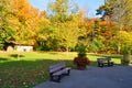 Fall Landscape, Park Benches Royalty Free Stock Photo