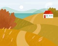 Fall landscape with road and white house. Autumn fields. The road goes over the hills to the lake. Vector flat Royalty Free Stock Photo