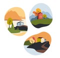 Fall landscapes vector set,. House by the sea.