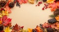Fall leaf border with pinecones and berries on textured background. Autumn banner Royalty Free Stock Photo