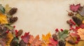 Fall leaf border with pinecones and berries on textured background. Autumn banner Royalty Free Stock Photo