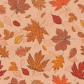 Fall of the leaves. Dark brown background with hand drawn leaves. Seamless pattern for textile, wallpapers, gift wrap and scrapboo Royalty Free Stock Photo
