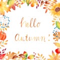 Fall leaves frame watercolor clipart. Orange pumpkin, sunflower illustration.