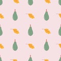 Fall leaves and pears seamless pattern. Hand-drawn shapes on a soft pink background, vector illustration. Royalty Free Stock Photo