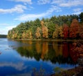 Fall leaves on a peninsula reflected in a lake