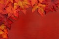 Fall leaves on red wood autumn background