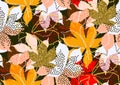 Fall leaves seamless pattern with gold glitter texture. Vector illustration for stylish background, textile, wrapping paper design Royalty Free Stock Photo