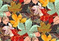 Fall leaves seamless pattern with gold glitter texture. Vector illustration for stylish background, textile, wrapping paper design Royalty Free Stock Photo