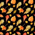 Fall leaves seamless pattern. Hand drawn watercolor painting. Colorful leaves on black. Autumn sale theme. Perfect for wedding Royalty Free Stock Photo