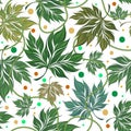Fall leaves seamless pattern with ropes and polka dots. Modern leafy vector background. Repeat floral backdrop. Botanical colorful