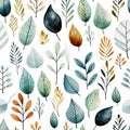 Fall leaves watercolor pattern on white background, seamless autumn, childish style, AI generated Royalty Free Stock Photo