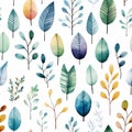 Fall leaves watercolor pattern on white background, seamless autumn, childish style, AI generated Royalty Free Stock Photo