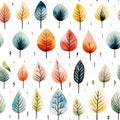 Fall leaves watercolor pattern on white background, seamless autumn, childish style, AI generated Royalty Free Stock Photo