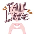 Fall in love banner with hands showing heart shape