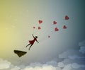 Fall in love concept, boy silhouette holds the red heart shaped balloons and flying away, dreamer concept, shadow story