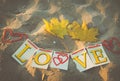 Fall. Love stories. The inscription The inscription `Love Story` on the background of yellow maple leaves on the sand