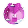 Fall in Love. White Romantic lovers. Pink Paper Hotair - heart shape in paper cut style. Happy Valentine day. Romantic