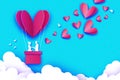 Flying Cupid - little angel. Love Pink Heart in paper cut style. Origami boy - Cherub. Red hot air balloon flying. Love Royalty Free Stock Photo