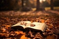 Fall mental well-being, Seasonal emotional balance, Autumn psychological mental health. Open diary journal lies among autumn