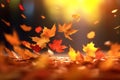 Fall mood. Flaying autumn leaves on blurred bright nature background Royalty Free Stock Photo