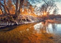 Fall. Autumn landscape. Fall morning. Trout river with clear water. Royalty Free Stock Photo