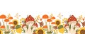 Fall mushroom pattern. Forest mushroom seamless pattern. Autumn mushroom, fly agaric, leaves, flowers berry bird. Fall