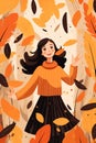 Fall nature cute autum cartoon happy character meditating women active leaf