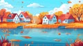 Fall nature panorama with cottages on lake shore, trees with orange leaves, grass in fall, modern illustration of Royalty Free Stock Photo