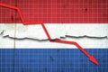 Fall of the Netherlands Economy. Recession graph with a red arrow on the Netherlands flag. Economic decline. Decline in the