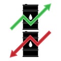 Rising oil green arrow up. Reducing cost of barrels of petroleum. Vector illustration black oil barrel