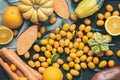 Fall Orange Fruits and Vegetables on Dark Wooden Background, Vintage Filter, Top View