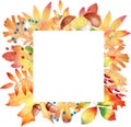 Fall orange leaves watercolor clipart frame. Hand drawn autumn illustration. Graphics for diy, scrapbooking.