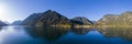 Fall panorama at lake plansee with reflections of mountains