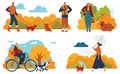 Fall park, dog nature walk, leaves fly tree, walking girl, riding great animal, design, in cartoon style vector Royalty Free Stock Photo