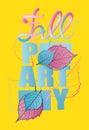 Fall party announcement card with colorful leaves and volume letters Royalty Free Stock Photo