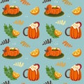Fall pattern with pumpkin juce, oranges and rosemary. Cute autumn seamless background. Thanksgiving pumpking pattern