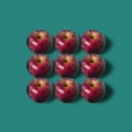 Fall pattern in red and dark green. Minimal frame background with ripe red apples with soft shadow