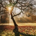 Fall. Picturesque big tree on glade in park, light haze. Golden sunbeams. Autumn morning Royalty Free Stock Photo