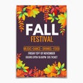 Fall Festival flyer or poster template. Bright autumn leaves on dark background