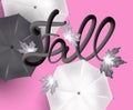 Fall poster with silver leaves, umbrellas and volume letters