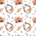 Fall pumpkin arrangement and leaves seamless pattern. Autumn floral print with watercolor pumpkins, wreath, flowers Royalty Free Stock Photo