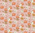 Fall pumpkin seamless pattern. Fairy tale nursery repeat background, wild flower autumn bloom illustration.  Kids baby girl Royalty Free Stock Photo