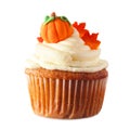 Fall pumpkin spice cupcake with creamy frosting, leaf and pumpkin toppings isolated on white Royalty Free Stock Photo