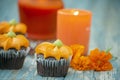 Fall pumpkin spice cupcakes with creamy frosting and autumn toppings. Royalty Free Stock Photo