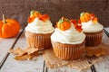 Fall pumpkin spice cupcakes with creamy frosting close up against rustic wood Royalty Free Stock Photo