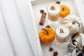 Fall pumpkin spice latte with whipped cream on white wooden background Royalty Free Stock Photo
